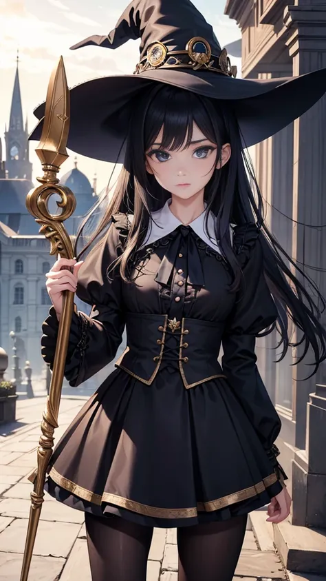  masterpiece,  Best quality , high resolution, beautiful detailed eyes, extremely detailed face , Detailed CG, 1 girl; standing, Holds a wizards staff with his hand,  view from the front,  looking at the spectator,  long black hair , black eyes,  impossibl...