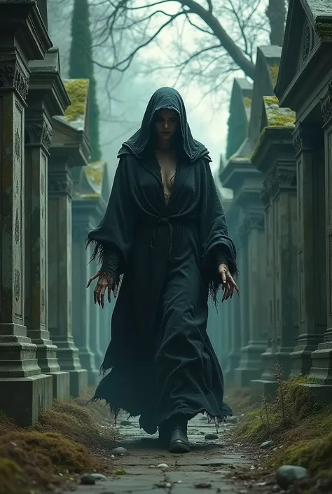 Terrifying woman wandering through the pantheons of a cemetery  