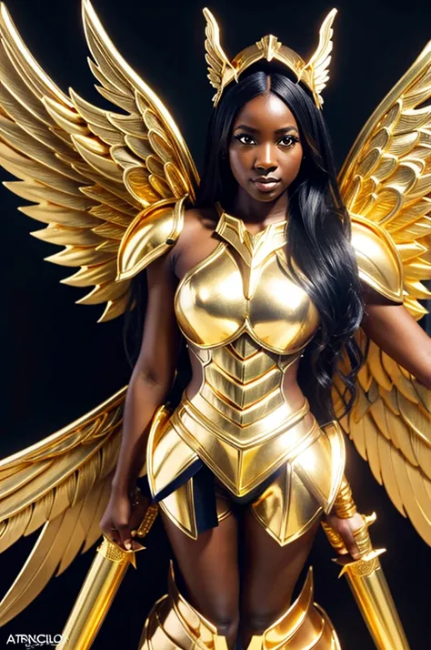 a dark skin woman in a gold outfit with wings and a sword, angelic golden armor, angel knight girl, extremely detailed artgerm, artgerm julie bell beeple, ig model | artgerm, as a mystical valkyrie, as seen on artgerm, angel in plastic armor, mystical valk...