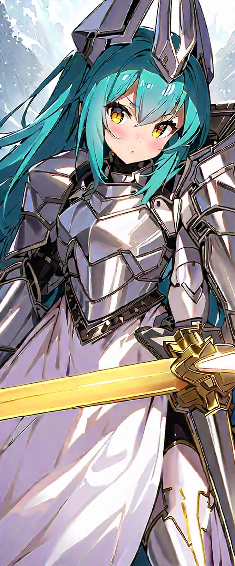 (masterpiece)、 best quality、 1 girl、 Hatsune Miku、 Valkyrie、 angel knight in white dress and silver armor、Shiny Armor、Shiny Armor、Reflective Metal Armor、 I have a sword、(length_sword)、ピンクのlength巻き毛、 yellow eyes、wing、White costume、 full light