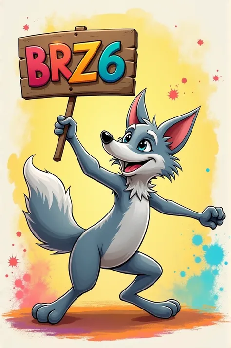 Silver hairy and slender young wolf cartoon character holding a BRZ6 sign and dancing samba