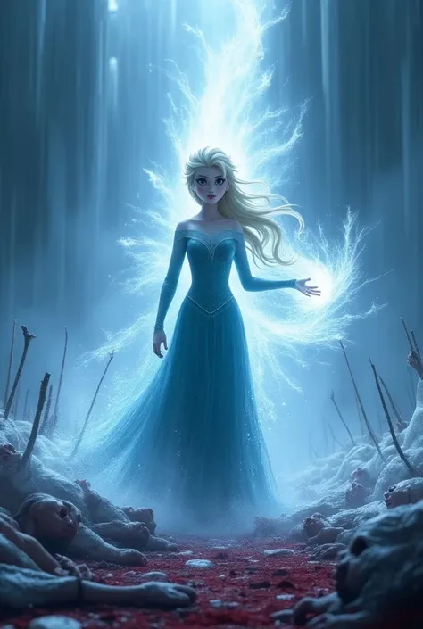 4K, Hight quality, realistic, very beautiful Elsa, Disney Elsa frozen, walking past piles of blood covered male s, sharp ice power Elsa, Many sharp ice stuck to Male body, Elsa very thick hair