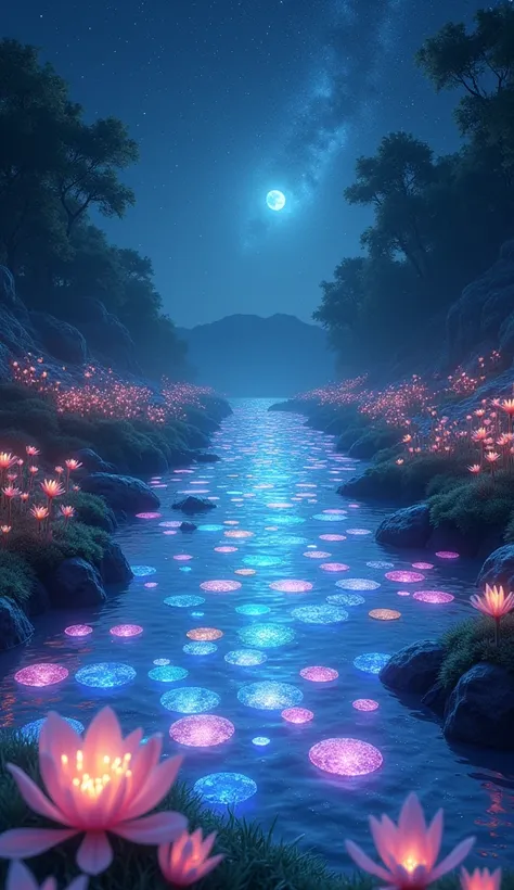 night、The crystal clear water is filled with colorful, sparkling stones.、The flowers are also shining、All I can see are the shiny stones and the shiny flowers in the water、Shining and fantastic