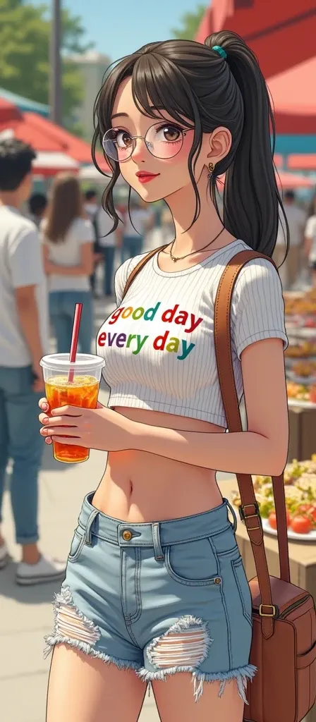 The image shows a young woman standing outdoors, possibly at a market or shopping area. She is wearing a white, ribbed, cropped T-shirt with colorful letters that appear to say “Good day every day.” She has long, straight dark hair styled in a loose ponyta...