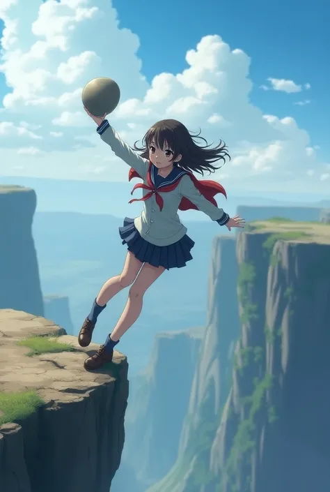 A schoolgirl holding a stone with her legs pointing down on a high cliff and hanging with her arms 