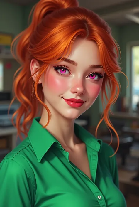 Vicky, pink eyes, orange hair, pony tail, red lipstick, green shirt, looking at viewer, smiling, inside, high quality, masterpiece