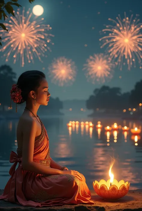 Siamese beautiful girl close her eyes pay respect and pray sitting beside river wear full thai vintage glamour, full moon night loy kathong ceramony background blur sky stars and firework entertain with a lot of kathong in the river