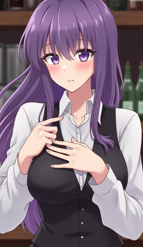 1 , Alone, fringe, Blush,  hand on own chest, Stingray Jill , long sleeves,  looking at the viewer ,  purple hair,  medium breasts , gravata, shirt, Alone, upper body, vest,  bartender, vest, white shirt,