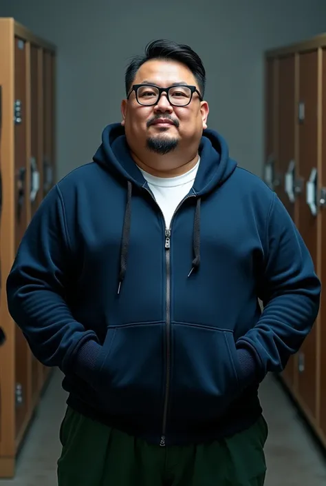 Top dark blue cardigan hooded sweater ，Chinese fat men are obese ，Short inch head ， very short ，Bright big eyes， big round face ，Very round chin ， full cheek and round beard ，Very large and developed breasts，Black round glasses， super clear picture quality...