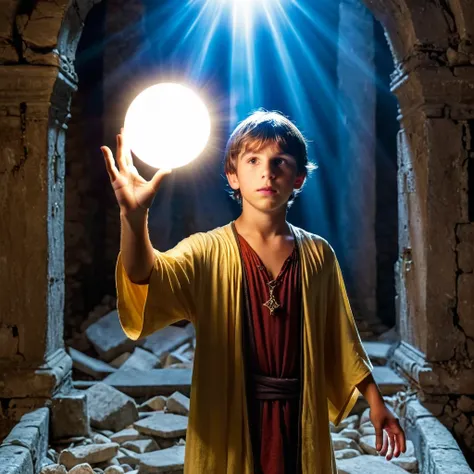 Young sorcerer with ball of light in hand floating and shining,  in the ruins