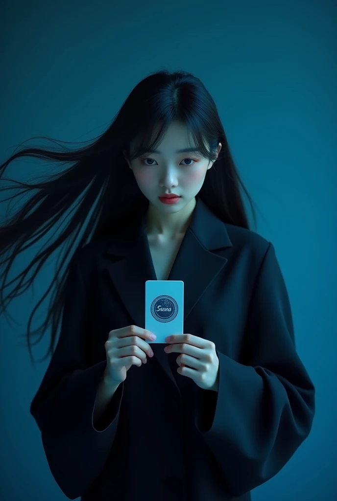 Chinese girl dressed in black on a deep blue background is holding a picture card with the Solana crypto logo 