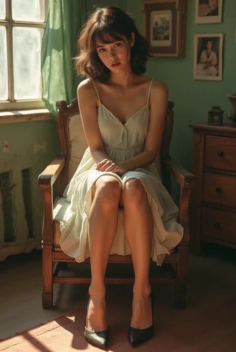 Girl in her 20s sitting on a wooden chair, wearing in a summer dress, 1980s vibe, Retro atmosphere,  Wear heels , Front view, Faded photos, Vintage house