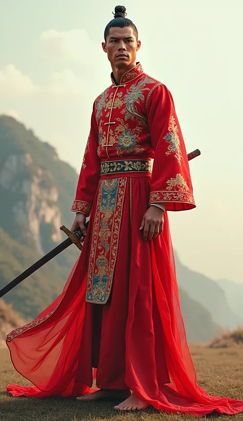 Cristiano Ronaldo wearing a Chinese national costume and holding a sword.