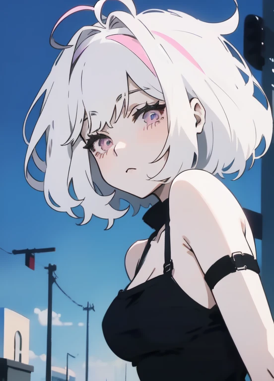 Anime girl 18 years old short hair bangs arms between eyes pink white skin completely white skin