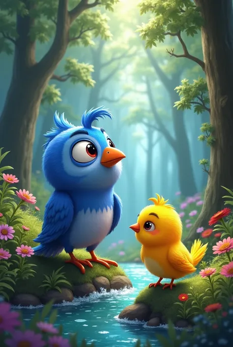 Main characters:
1.	Pip:  A small and curious blue bird .
2.	officer:  A wise and gentle owl with lilac plumage and big eyes.
3.	Tico:  A cheerful canary with vibrant yellow feathers .
scenario: Enchanted Forest, a place with tall trees ,  colorful flowers...