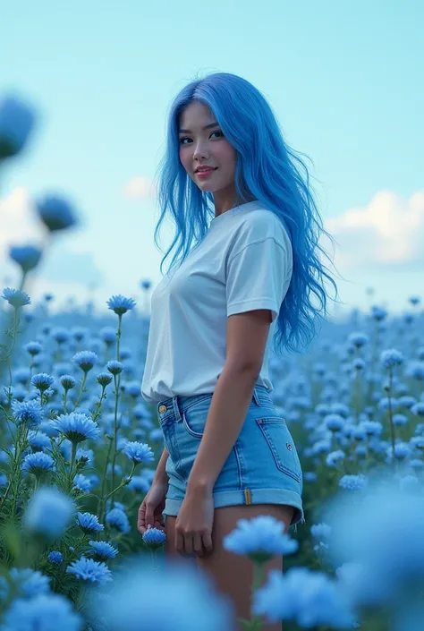 (ultra detailed, UHD, cinematic), solo, mature, happy, sexy curvy girl standing in light blue flower field, dressed in shorts and tshirt, light blue flower petal surrounding girl, full body, blue long hair girl, official art, pop art, profile, ultra detail...