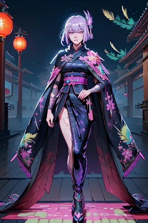 nighttime,full body,Genshin Impact:Raiden Shogun,(((Wearing Fluorescent fabric:harem outfit,Suzhou embroidery technique:Lace sequin cloak woven from feathers))), Fabric Glows, Masterpiece,best quality,extremely detailed 3DCG, Cinema-4D ,8k,Photorealistic， ...