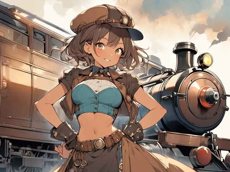 A watercolor-style anime illustration set in a steampunk world. The scene takes place at Kings Cross Station, where a steam locomotive (SL) adorned with intricate gears and decorations is stopped, with steam billowing out dramatically. In front of the SL’s...