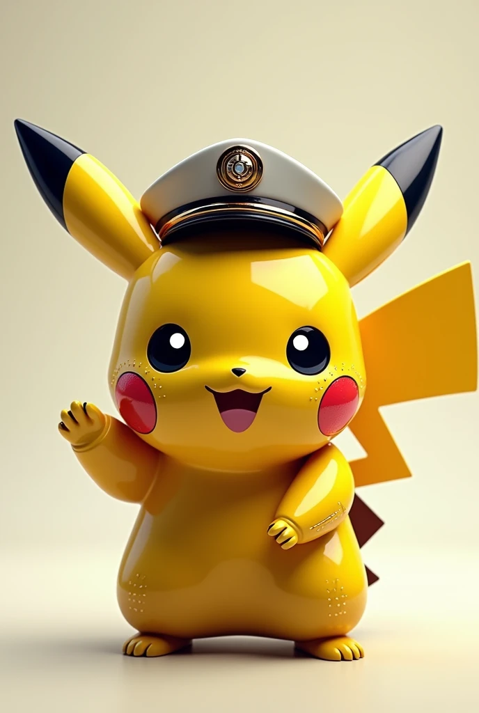 "Design a futuristic AI character inspired by Pikachu, featuring Pikachus iconic yellow color and adorable facial features, but with a robotic twist. The character has a metallic texture with glowing accents, like digital eyes and circuits along the cheeks...