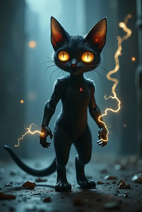 Create a small black ,  humanoid cat with electrical and psychic powers