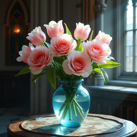  Tulips and Roses Made of the Highest Quality Glass、 Light Blue Glass Vase 、elements of gothic architecture、Delicate Pen Style 、beautiful、 Professional Photographers Lighting 、 Decorated on the Palace Altar 