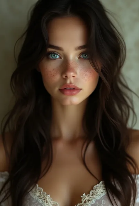   with long wavy dark brown hair , blue eyes and brown skin with small freckles  