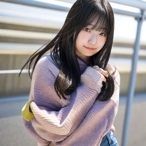 (((1人))), A 23-year-old Japanese university student with long black hair, wearing a tight-fitting knit sweater and jeans. She is on her way to university, set against a realistic modern city street or campus background. Her face has a cute yet mature look,...