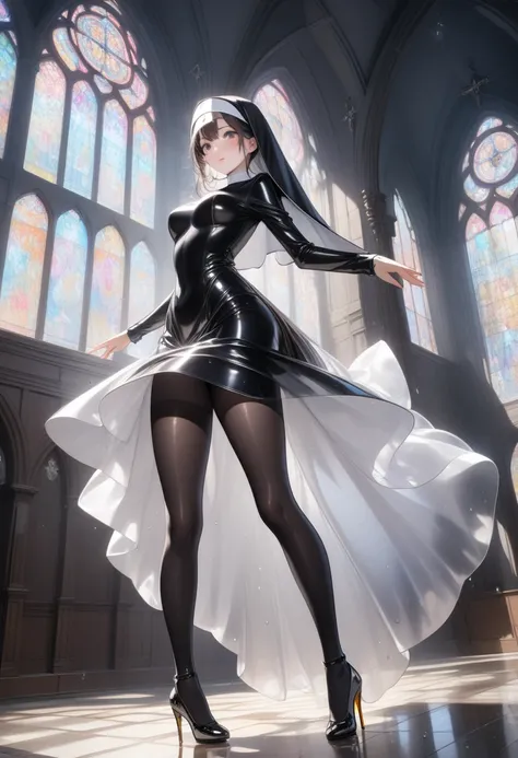 (((nun Costumes, skirt, Pantyhose, Stiletto heels))), ((Shiny Costumes)), ((skindentation)), skinny, solo, 1 woman, Masterpiece, highest quality, highest quality, 16K, incredibly absurd, highly detailed, 2.5D, ai-generated, delicate and dynamic, very delic...