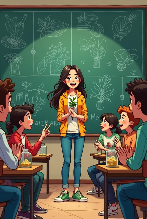 " Design an animated comic book style image that shows a scene in an improvised classroom or laboratory.  in the center of the image , The protagonist, Well,  she holds a plant with an enthusiastic expression ,  while explaining her idea to a group of clas...