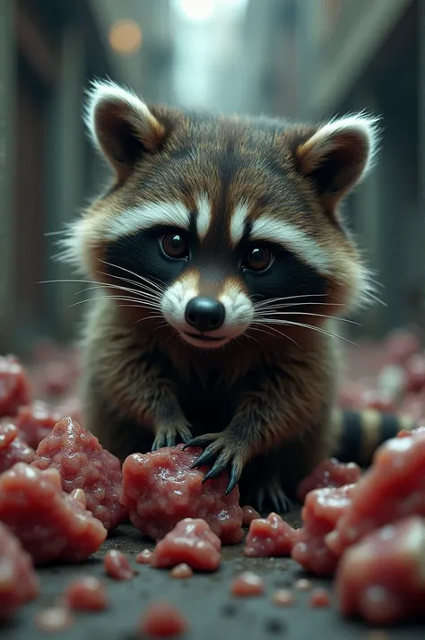 Raccoon with cow chunks 