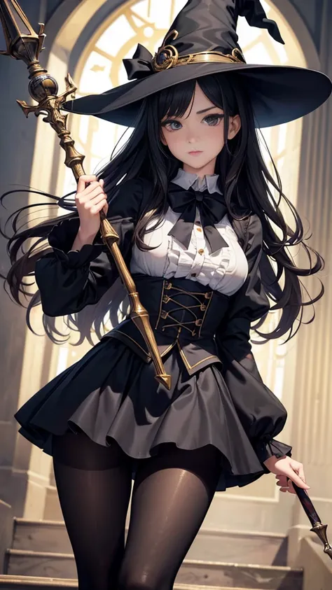  masterpiece,  Best quality , high resolution, beautiful detailed eyes, extremely detailed face , Detailed CG, 1 girl; standing, Holds a wizards staff with his hand,  view from the front,  looking at the spectator,  long black hair , black eyes,  impossibl...