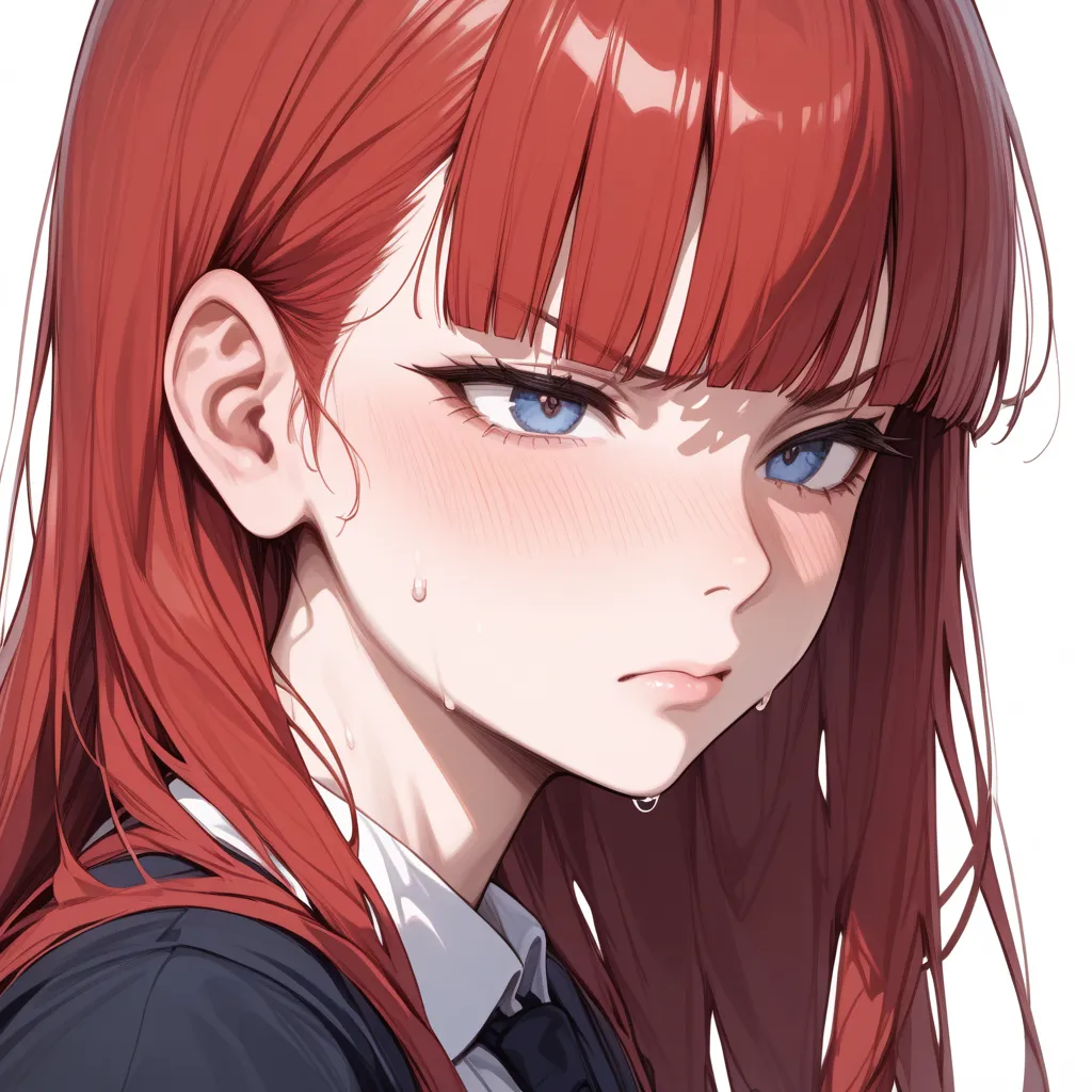 portrait,A little sad., from side,,{{One face}}sweat, v-shaped eyebrows, Woman,{{One face}}, {{masterpiece}}, {{{best quality}}},{{ultra-detailed}},,Straight hair,Long hair ,Red Hair, blunt bangs,　(((white background))),