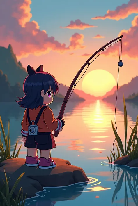 Will you make me a Roblox , but anime style,  type drawing which is fishing in a bay with the sun hiding while fishing for a fish