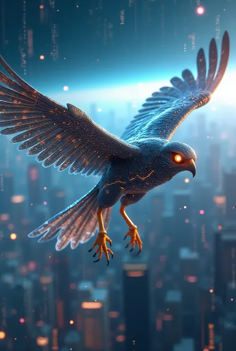      "The Digital Falcon, sovereign of virtual skies, spreads its algorithm wings over the vast horizon of trends."
        soaring above a digital landscape with trending hashtags."