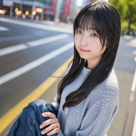 (((1人))), A 23-year-old Japanese university student with long black hair, wearing a tight-fitting knit sweater and jeans. She is on her way to university, set against a realistic modern city street or campus background. Her face has a cute yet mature look,...