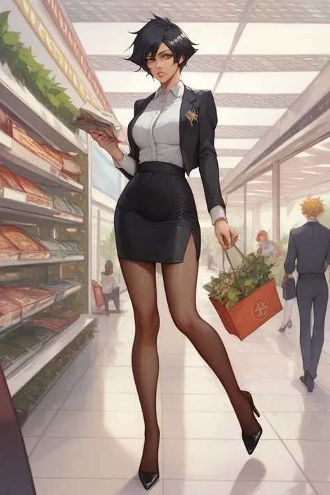 woman、adult、 black hair、Short Hair、 Brown Eyes 、 slender figure、 business suit with bleach、pencil skirt、 pantyhose、 black high heels、 shopping mall