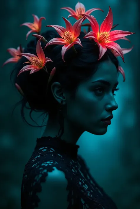 **The Alma Fairy depicted in a bioluminescent belladonna portrait, combining the darkness of the night with the bright neon flora. Use luminous turquoise and Coral to create an ethereal contrast between the haunting subject and the surrounding shadows --ar...