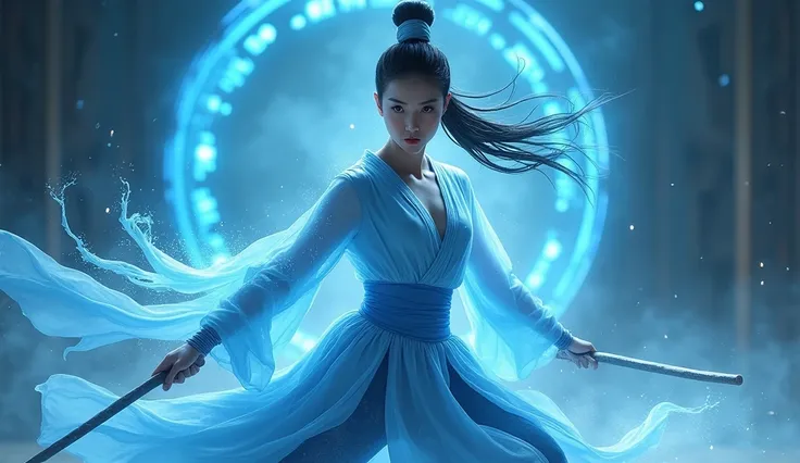 A handsome chinese girl, sharp eyes, clear facial features, holding a staff, combat posture, martial arts movements, body surrounded by blue mist, runes around, holographic reality, holographic halo, motion blur, game light effects, edge light, soft light,...