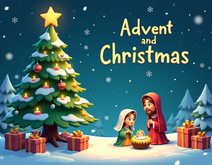 a Christmas tree with gifts and a birth with a title in Spanish that says Advent and Christmas animated as a cartoon 
