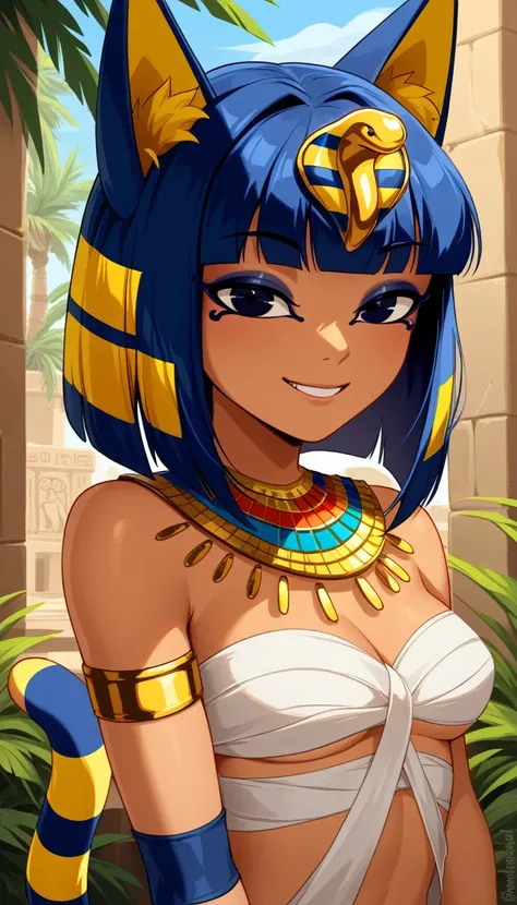 1girl, solo, ankha, humanized, score_9, outdoors, upper body, looking at viewer, smile