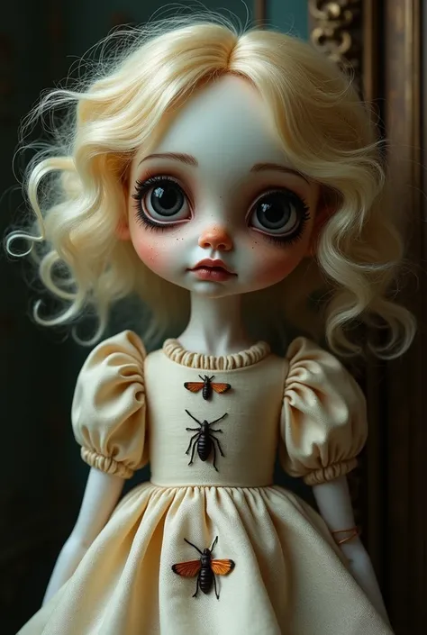 Tim Burton style doll with big eyes with dark circles under the eyes blonde coquette dress embroidered with moths and a cockroach of the same size that are holding hands