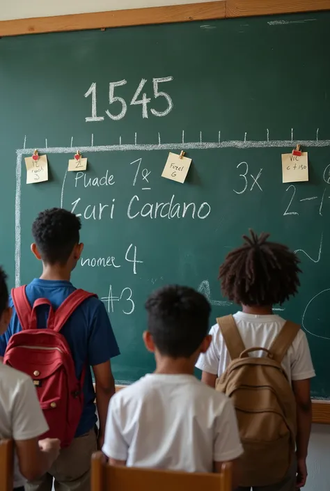  students young Latino students over  standing in front of a blackboard,  containing a timeline with the number 1545 written in chalk in the middle of the line ,  above the number the name Girolano Cardano written on a paper card stuck on the blackboard,  ...