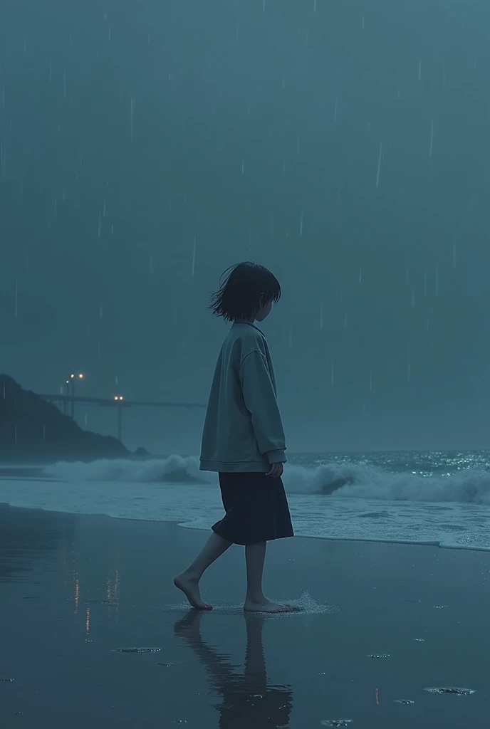 A lofi girl with short hair walking on the beach on a rainy night 