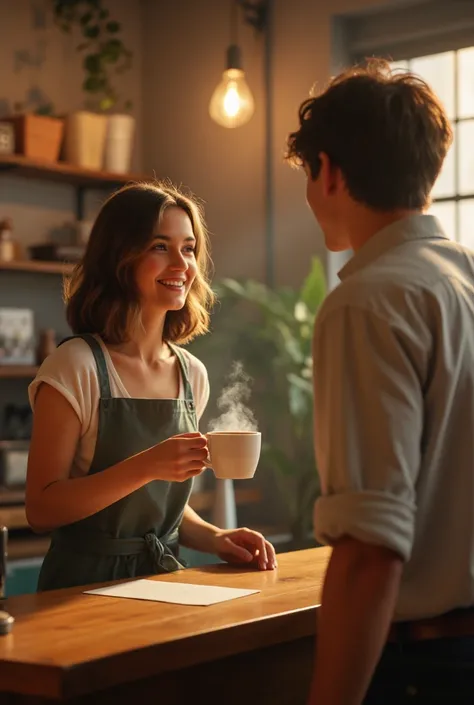  Louisa and Will in a coffee shop,  laughing together .  Louisa serves him coffee , Will smiles ,  although with some bitterness .