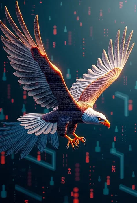 "A majestic digital eagle with wings made of digital code, soaring above a digital landscape with trending hashtags."