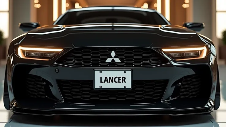 Create a 3d render full front end review car design back  end  2025 Mitsubishi Lancer  full front end black clouer with a car name add in number plate  ” logo on back. “” on its full front end . and. Headlights“in pure glossy white with ultra detailed glos...