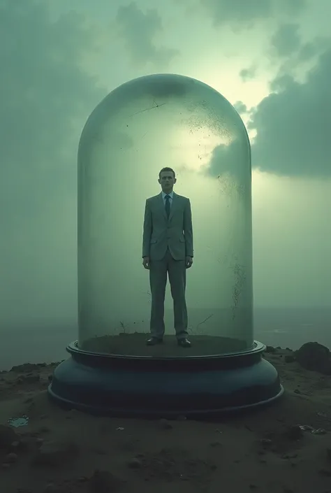 Image that interprets this with a man inside a glass bell, in a catastrophic landscape: "Sometimes I wondered if it was easier to die than to continue being as I was, in this glass hole and without any reason to get out."