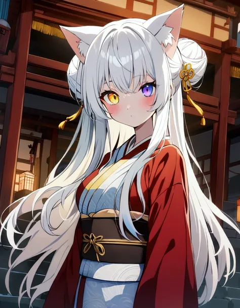 best quality , ultra detailed ,  highres icon ,anime style , from front , look at viewer ,One woman, ((long white hair)), (( Heterochromia,yellow right eye,blue left eye)), cat ears, 1 girl, medium breasts , long hair, solo, standing,bun hair,kimono,with a...