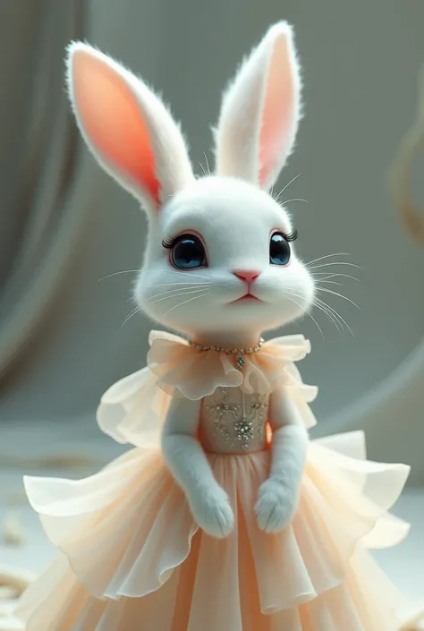 Bunny in ethereal, flowing gown, modeling for fashion brand.