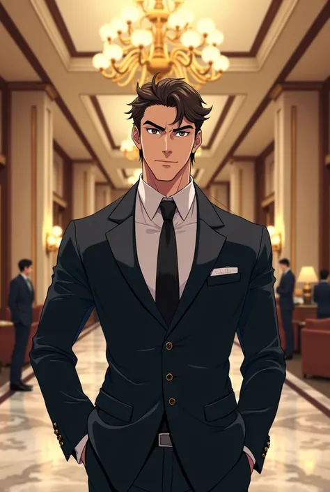 anime drawing style: Now a millionaire man who is asking for a room in a hotel 